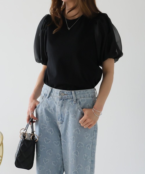 Ulysses(ユリシス)の「オーガンジーパフスリーブ半袖トップス(Tシャツ/カットソー・レディース・オフホワイト/ベージュ/ブラック・F)」の9枚目の写真
