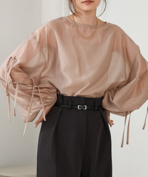 Bab（バブ）の「袖リボンシアーブラウス（シャツ/ブラウス・レディース・アイボリー/グリーン/チャコールグレー/ベージュ・M）」の4枚目の写真