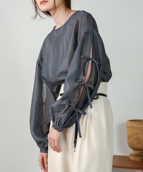 Bab（バブ）の「袖リボンシアーブラウス（シャツ/ブラウス・レディース・アイボリー/グリーン/チャコールグレー/ベージュ・M）」の3枚目の写真