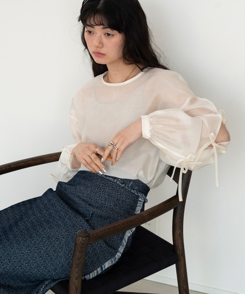 Bab（バブ）の「袖リボンシアーブラウス（シャツ/ブラウス・レディース・アイボリー/グリーン/チャコールグレー/ベージュ・M）」の8枚目の写真