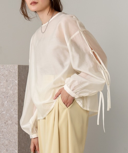 Bab（バブ）の「袖リボンシアーブラウス（シャツ/ブラウス・レディース・アイボリー/グリーン/チャコールグレー/ベージュ・M）」の10枚目の写真