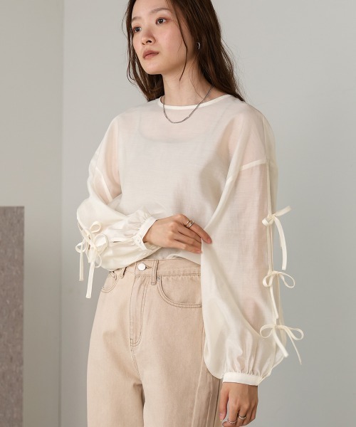 Bab（バブ）の「袖リボンシアーブラウス（シャツ/ブラウス・レディース・アイボリー/グリーン/チャコールグレー/ベージュ・M）」の12枚目の写真