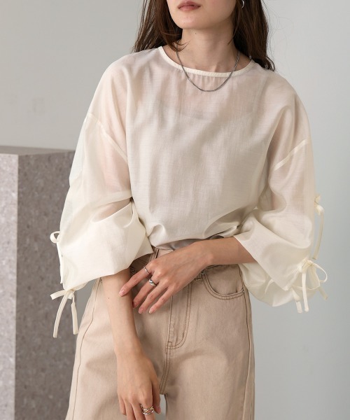 Bab（バブ）の「袖リボンシアーブラウス（シャツ/ブラウス・レディース・アイボリー/グリーン/チャコールグレー/ベージュ・M）」の14枚目の写真