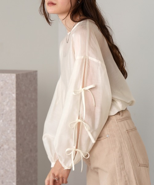 Bab（バブ）の「袖リボンシアーブラウス（シャツ/ブラウス・レディース・アイボリー/グリーン/チャコールグレー/ベージュ・M）」の15枚目の写真