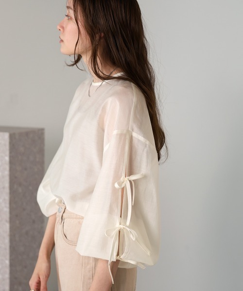 Bab（バブ）の「袖リボンシアーブラウス（シャツ/ブラウス・レディース・アイボリー/グリーン/チャコールグレー/ベージュ・M）」の16枚目の写真