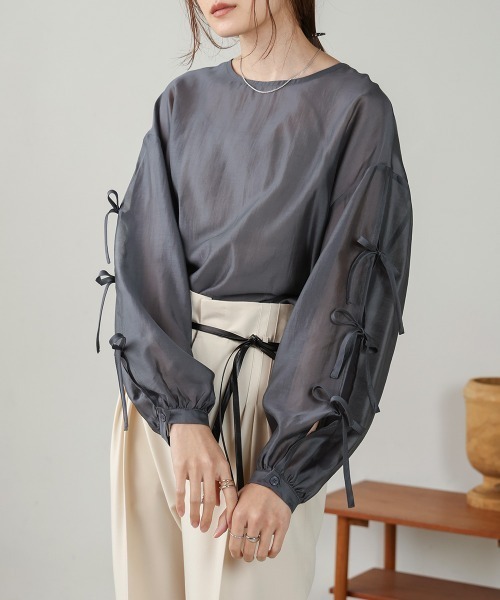 Bab（バブ）の「袖リボンシアーブラウス（シャツ/ブラウス・レディース・アイボリー/グリーン/チャコールグレー/ベージュ・M）」の21枚目の写真