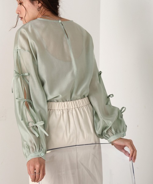 Bab（バブ）の「袖リボンシアーブラウス（シャツ/ブラウス・レディース・アイボリー/グリーン/チャコールグレー/ベージュ・M）」の5枚目の写真
