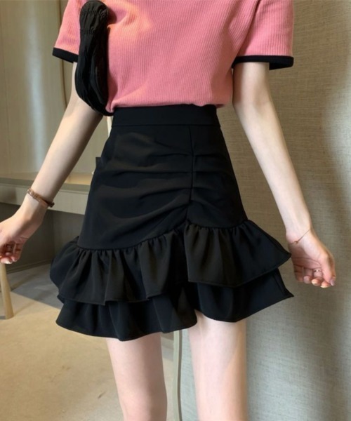 おしゃれスタ(オシャレスタ)の「サイドギャザーダブルフレアスカート(スカート・レディース・ホワイト/ピンク/ブラック・XL/L/M/S)」の2枚目の写真