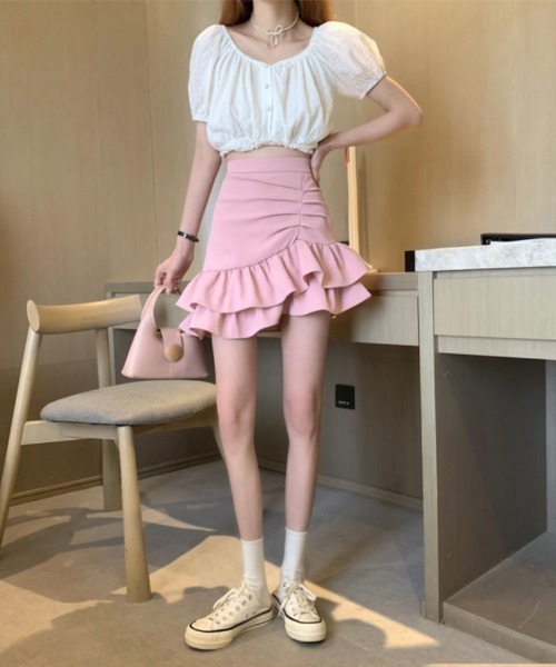 おしゃれスタ(オシャレスタ)の「サイドギャザーダブルフレアスカート(スカート・レディース・ホワイト/ピンク/ブラック・XL/L/M/S)」の4枚目の写真