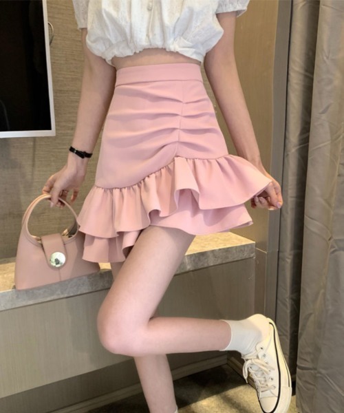 おしゃれスタ(オシャレスタ)の「サイドギャザーダブルフレアスカート(スカート・レディース・ホワイト/ピンク/ブラック・XL/L/M/S)」の5枚目の写真