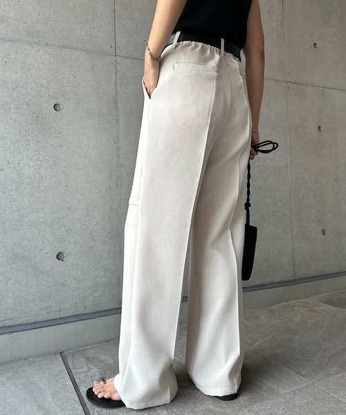 セール】リネンライク膝スリットスラックスパンツ（スラックス
