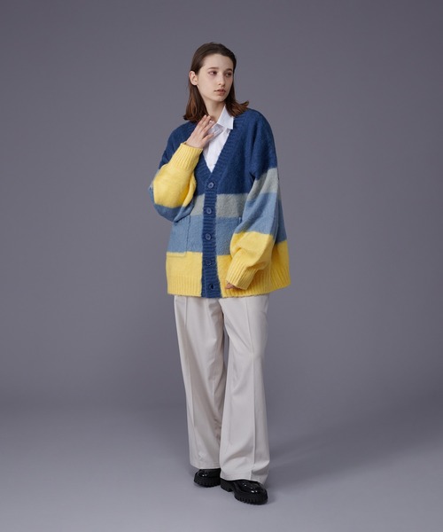 ONCILY（オンシェリー）の「MULTI BORDER KNIT CARDIGAN / マルチボーダーニットカーディガン（カーディガン/ボレロ・メンズ・ネイビー/グリーン・LARGE/MEDIUM）」の7枚目の写真