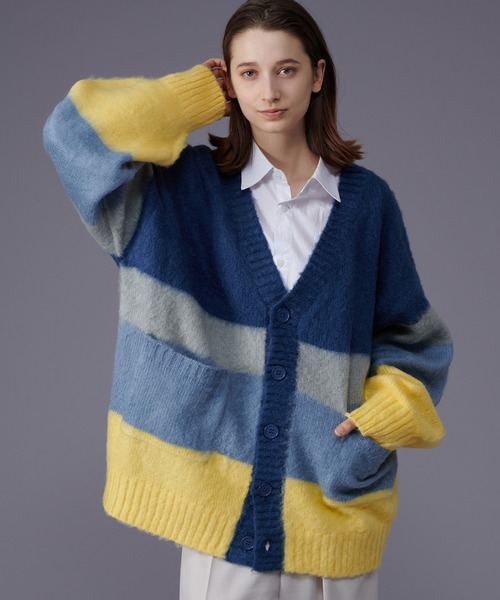 ONCILY（オンシェリー）の「MULTI BORDER KNIT CARDIGAN / マルチボーダーニットカーディガン（カーディガン/ボレロ・メンズ・ネイビー/グリーン・LARGE/MEDIUM）」の3枚目の写真