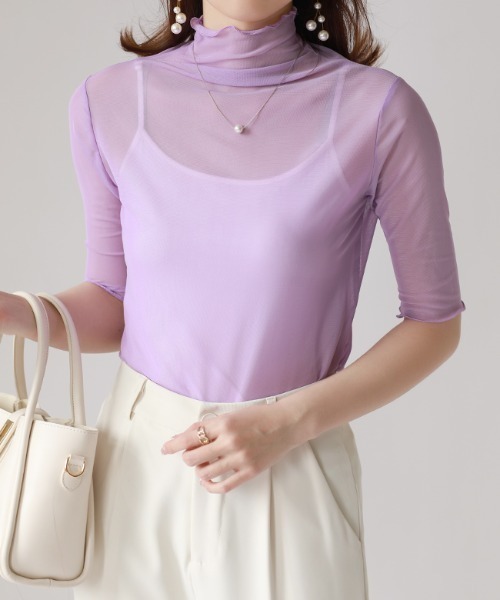 COCOMOMO(ココモモ)の「ハイネックシアートップス メローフリル 五分袖 シアートップス ハイネック 半袖 シアー レイヤードインナー(Tシャツ/カットソー・レディース・ブラック/ベージュ/パープル/ホワイト/ピンク/グリーン/ダークブルー・FREE)」の6枚目の写真