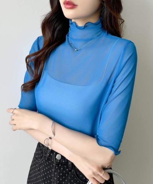 COCOMOMO(ココモモ)の「ハイネックシアートップス メローフリル 五分袖 シアートップス ハイネック 半袖 シアー レイヤードインナー(Tシャツ/カットソー・レディース・ブラック/ベージュ/パープル/ホワイト/ピンク/グリーン/ダークブルー・FREE)」の5枚目の写真