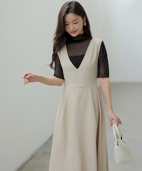 COCOMOMO(ココモモ)の「ハイネックシアートップス メローフリル 五分袖 シアートップス ハイネック 半袖 シアー レイヤードインナー(Tシャツ/カットソー・レディース・ブラック/ベージュ/パープル/ホワイト/ピンク/グリーン/ダークブルー・FREE)」の12枚目の写真