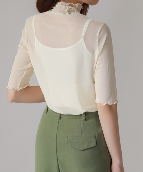 COCOMOMO(ココモモ)の「ハイネックシアートップス メローフリル 五分袖 シアートップス ハイネック 半袖 シアー レイヤードインナー(Tシャツ/カットソー・レディース・ブラック/ベージュ/パープル/ホワイト/ピンク/グリーン/ダークブルー・FREE)」の14枚目の写真