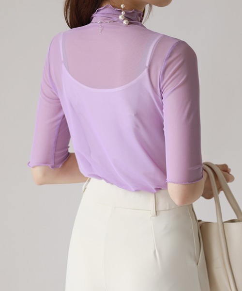 COCOMOMO(ココモモ)の「ハイネックシアートップス メローフリル 五分袖 シアートップス ハイネック 半袖 シアー レイヤードインナー(Tシャツ/カットソー・レディース・ブラック/ベージュ/パープル/ホワイト/ピンク/グリーン/ダークブルー・FREE)」の19枚目の写真