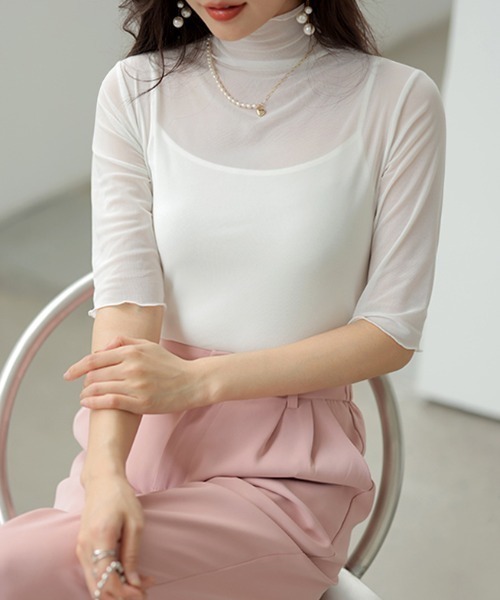 COCOMOMO(ココモモ)の「ハイネックシアートップス メローフリル 五分袖 シアートップス ハイネック 半袖 シアー レイヤードインナー(Tシャツ/カットソー・レディース・ブラック/ベージュ/パープル/ホワイト/ピンク/グリーン/ダークブルー・FREE)」の11枚目の写真