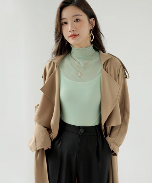 COCOMOMO(ココモモ)の「ハイネックシアートップス メローフリル 五分袖 シアートップス ハイネック 半袖 シアー レイヤードインナー(Tシャツ/カットソー・レディース・ブラック/ベージュ/パープル/ホワイト/ピンク/グリーン/ダークブルー・FREE)」の18枚目の写真