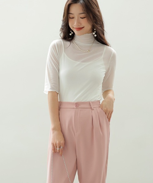 COCOMOMO(ココモモ)の「ハイネックシアートップス メローフリル 五分袖 シアートップス ハイネック 半袖 シアー レイヤードインナー(Tシャツ/カットソー・レディース・ブラック/ベージュ/パープル/ホワイト/ピンク/グリーン/ダークブルー・FREE)」の9枚目の写真