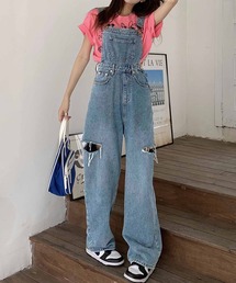 ダメージデニムデニムサロペット