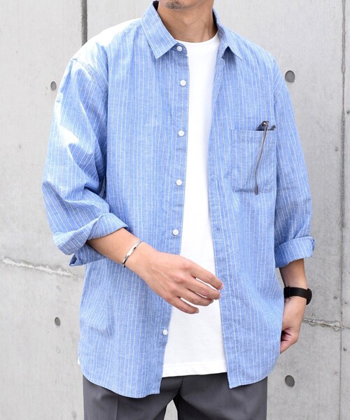 SHIPS any（シップス エニィ）の「SHIPS any: 〈洗濯機可能〉コットン / リネン ブルー ストライプ 7分袖 レギュラー シャツ◇（シャツ/ブラウス・メンズ・ライトブルー/ダークグレー/コバルトブルー/ダークブルー・SMALL/MEDIUM/LARGE/X-LARGE）」の4枚目の写真