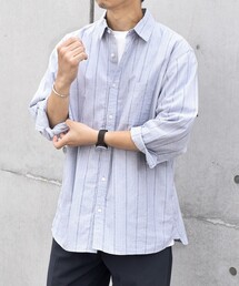 SHIPS any: 〈洗濯機可能〉コットン / リネン ブルー ストライプ 7分袖 レギュラー シャツ◇