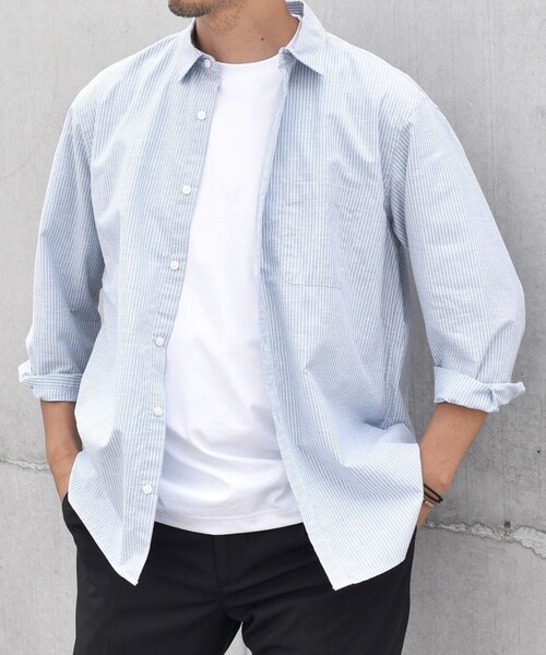 SHIPS any（シップス エニィ）の「SHIPS any: 〈洗濯機可能〉コットン / リネン ブルー ストライプ 7分袖 レギュラー シャツ◇（シャツ/ブラウス・メンズ・ライトブルー/ダークグレー/コバルトブルー/ダークブルー・SMALL/MEDIUM/LARGE/X-LARGE）」の2枚目の写真