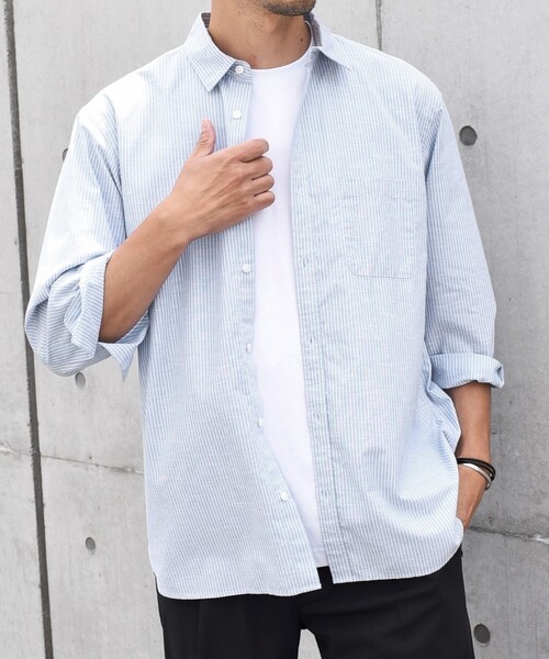 SHIPS any（シップス エニィ）の「SHIPS any: 〈洗濯機可能〉コットン / リネン ブルー ストライプ 7分袖 レギュラー シャツ◇（シャツ/ブラウス・メンズ・ライトブルー/ダークグレー/コバルトブルー/ダークブルー・SMALL/MEDIUM/LARGE/X-LARGE）」の6枚目の写真