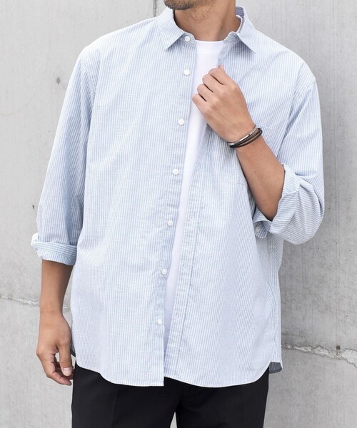 SHIPS any（シップス エニィ）の「SHIPS any: 〈洗濯機可能〉コットン / リネン ブルー ストライプ 7分袖 レギュラー シャツ◇（シャツ/ブラウス・メンズ・ライトブルー/ダークグレー/コバルトブルー/ダークブルー・SMALL/MEDIUM/LARGE/X-LARGE）」の7枚目の写真