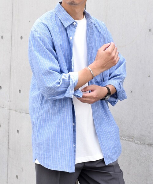 SHIPS any（シップス エニィ）の「SHIPS any: 〈洗濯機可能〉コットン / リネン ブルー ストライプ 7分袖 レギュラー シャツ◇（シャツ/ブラウス・メンズ・ライトブルー/ダークグレー/コバルトブルー/ダークブルー・SMALL/MEDIUM/LARGE/X-LARGE）」の11枚目の写真