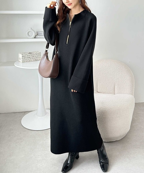 ルネ 長袖パーカー ニットワンピース ダークブラウン系 フレア ダブルジップ セール】【新色追加/S-LLサイズ】前後2WAYハーフジップニット