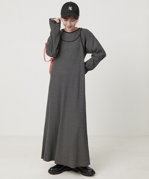 FREAK'S STORE（フリークスストア）の「限定展開　セルフカット リブ キャミワンピース ロングスリーブ TEE2セット（2WAY）（ワンピース・レディース・レッド/ベージュ/ストライプ/ブラック/杢グレー/ブルー・ﾌﾘ-）」の6枚目の写真