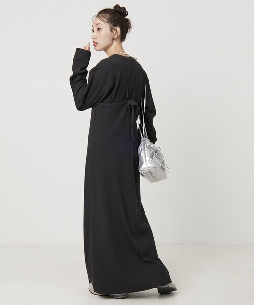 FREAK'S STORE（フリークスストア）の「限定展開　セルフカット リブ キャミワンピース ロングスリーブ TEE2セット（2WAY）（ワンピース・レディース・レッド/ベージュ/ストライプ/ブラック/杢グレー/ブルー・ﾌﾘ-）」の2枚目の写真