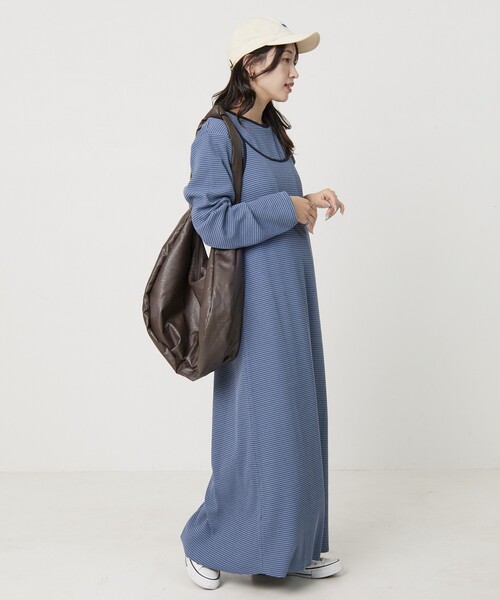 FREAK'S STORE（フリークスストア）の「限定展開　セルフカット リブ キャミワンピース ロングスリーブ TEE2セット（2WAY）（ワンピース・レディース・レッド/ベージュ/ストライプ/ブラック/杢グレー/ブルー・ﾌﾘ-）」の10枚目の写真