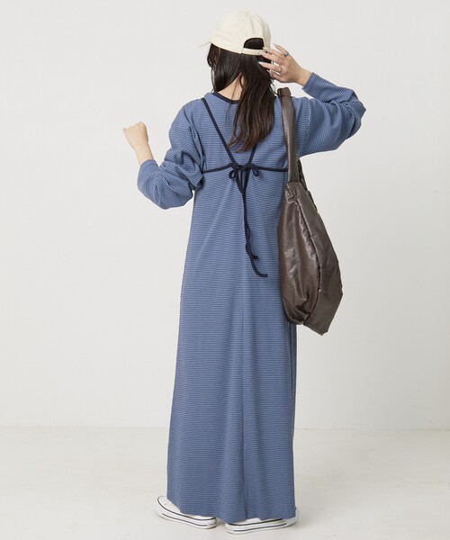 FREAK'S STORE（フリークスストア）の「限定展開　セルフカット リブ キャミワンピース ロングスリーブ TEE2セット（2WAY）（ワンピース・レディース・レッド/ベージュ/ストライプ/ブラック/杢グレー/ブルー・ﾌﾘ-）」の11枚目の写真