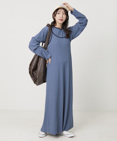 FREAK'S STORE（フリークスストア）の「限定展開　セルフカット リブ キャミワンピース ロングスリーブ TEE2セット（2WAY）（ワンピース・レディース・レッド/ベージュ/ストライプ/ブラック/杢グレー/ブルー・ﾌﾘ-）」の13枚目の写真