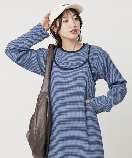 FREAK'S STORE（フリークスストア）の「限定展開　セルフカット リブ キャミワンピース ロングスリーブ TEE2セット（2WAY）（ワンピース・レディース・レッド/ベージュ/ストライプ/ブラック/杢グレー/ブルー・ﾌﾘ-）」の15枚目の写真