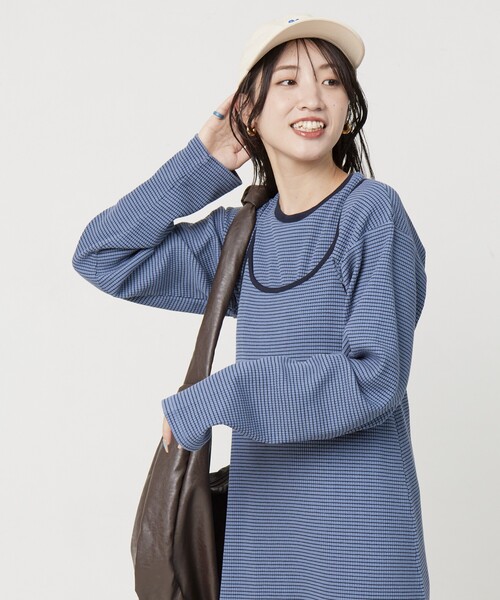 FREAK'S STORE（フリークスストア）の「限定展開　セルフカット リブ キャミワンピース ロングスリーブ TEE2セット（2WAY）（ワンピース・レディース・レッド/ベージュ/ストライプ/ブラック/杢グレー/ブルー・ﾌﾘ-）」の19枚目の写真