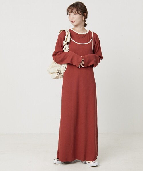 FREAK'S STORE（フリークスストア）の「限定展開　セルフカット リブ キャミワンピース ロングスリーブ TEE2セット（2WAY）（ワンピース・レディース・レッド/ベージュ/ストライプ/ブラック/杢グレー/ブルー・ﾌﾘ-）」の21枚目の写真