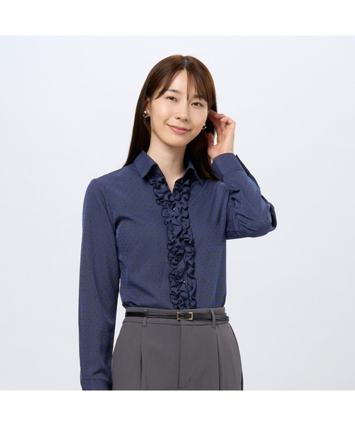 TOKYO SHIRTS(トウキョウシャツ)の「【吸水速乾】【COFREX】前立ミニフリル レディース長袖フリルシャツ(シャツ/ブラウス・レディース・ダークブルー・S/M/L/LL/XL)」の1枚目の写真