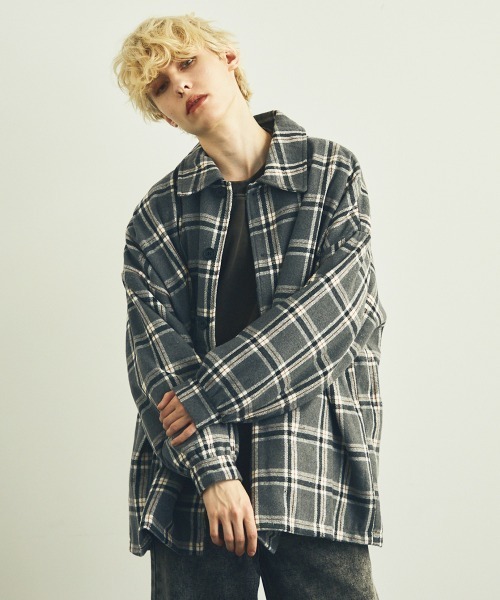 セール】ドロップショルダーチェックシャツジャケットビッグシルエット