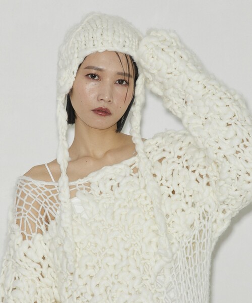 Firsthand（ファーストハンド）の「Firsthand/ファーストハンド ライトウェイトハンドニットイヤーマフラーキャップ（ニットキャップ/ビーニー・レディース・ブラック/オフホワイト・FREE）」の9枚目の写真