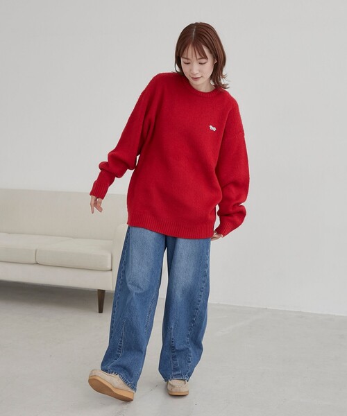 PENNEYS(ぺニーズ)の「垢抜け ワンポイントニット/Penneys(ぺニーズ)別注シャギークルーネックニット(ニット/セーター・メンズ・ダークブラウン/レッド/オリーブ/オフホワイト・M/L/XL)」の6枚目の写真