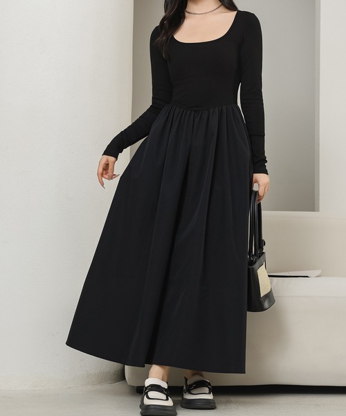 Lace Ladies（レースレディース）の「ラウンドネック 切り替え ギャザー ロング ワンピース（ワンピース・レディース・ブラック/グレイッシュベージュ・S/FREE）」の3枚目の写真