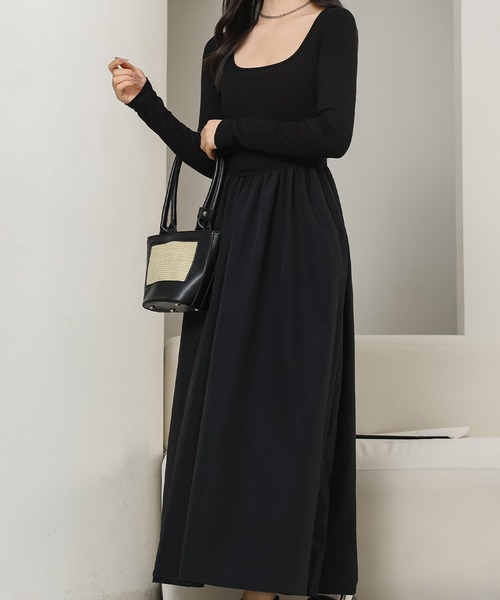 Lace Ladies（レースレディース）の「ラウンドネック 切り替え ギャザー ロング ワンピース（ワンピース・レディース・ブラック/グレイッシュベージュ・S/FREE）」の4枚目の写真