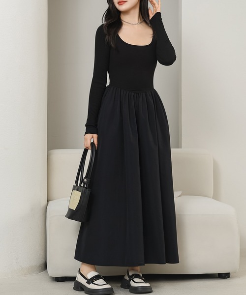 Lace Ladies（レースレディース）の「ラウンドネック 切り替え ギャザー ロング ワンピース（ワンピース・レディース・ブラック/グレイッシュベージュ・S/FREE）」の6枚目の写真