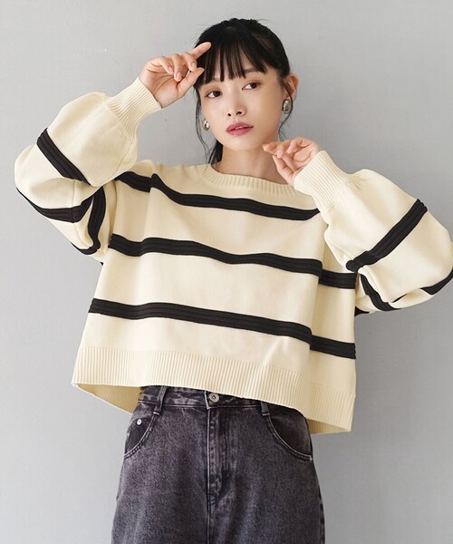 zootie(ズーティー)の「タックボーダー ショートニット(ニット/セーター・レディース・ブラック/アイボリー・フリー)」の7枚目の写真