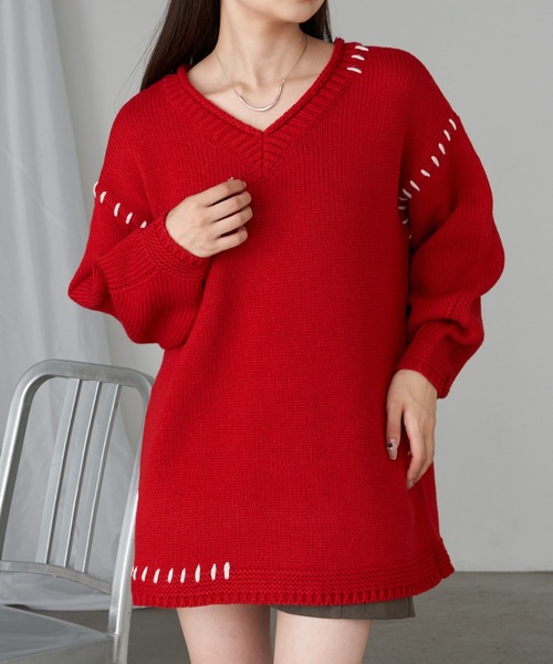 RAY CASSIN（レイカズン）の「【ゆったり着心地】ロゴジャガードチュニックワンピース（ニット/セーター・レディース・レッド/ブルー/チャコールグレー/アイボリー・FREE）」の16枚目の写真